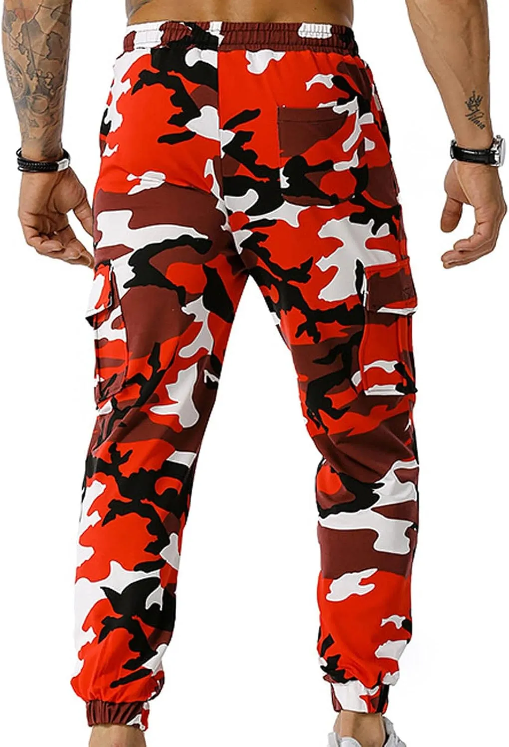 Cotton Men's Camo Jogger Pants Elastic Waist Drawstring Slim Fit Cargo Pockets Breathable Casual Outdoor Workout