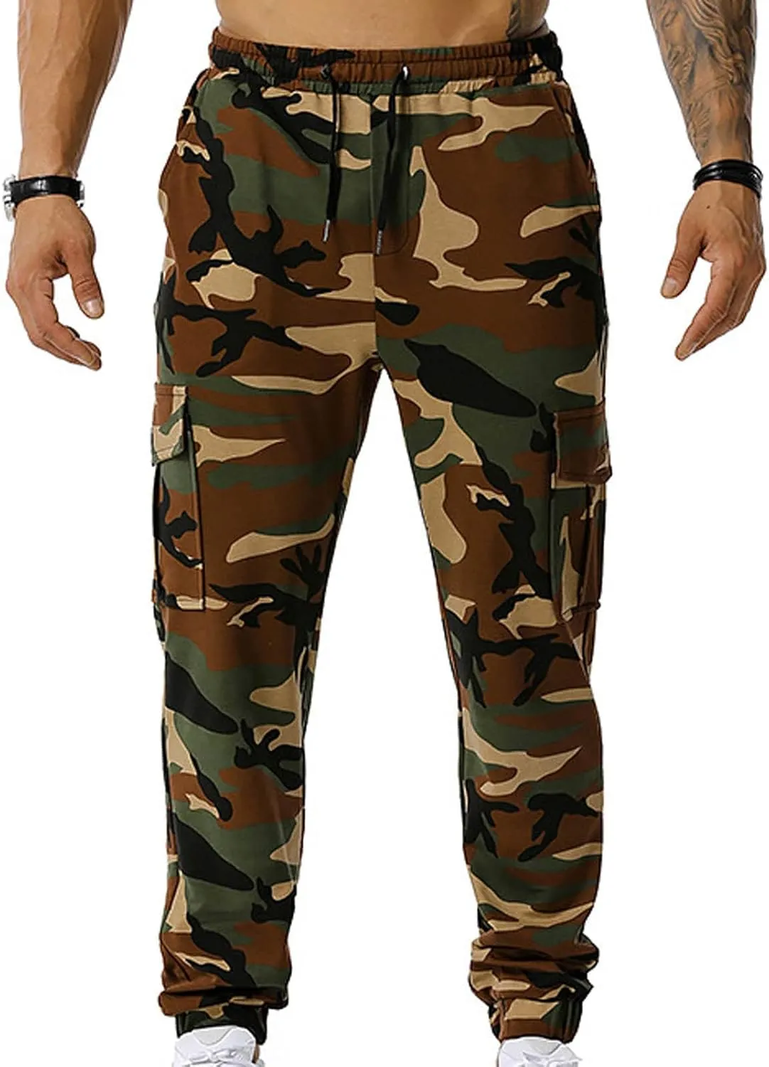 Cotton Men's Camo Jogger Pants Elastic Waist Drawstring Slim Fit Cargo Pockets Breathable Casual Outdoor Workout