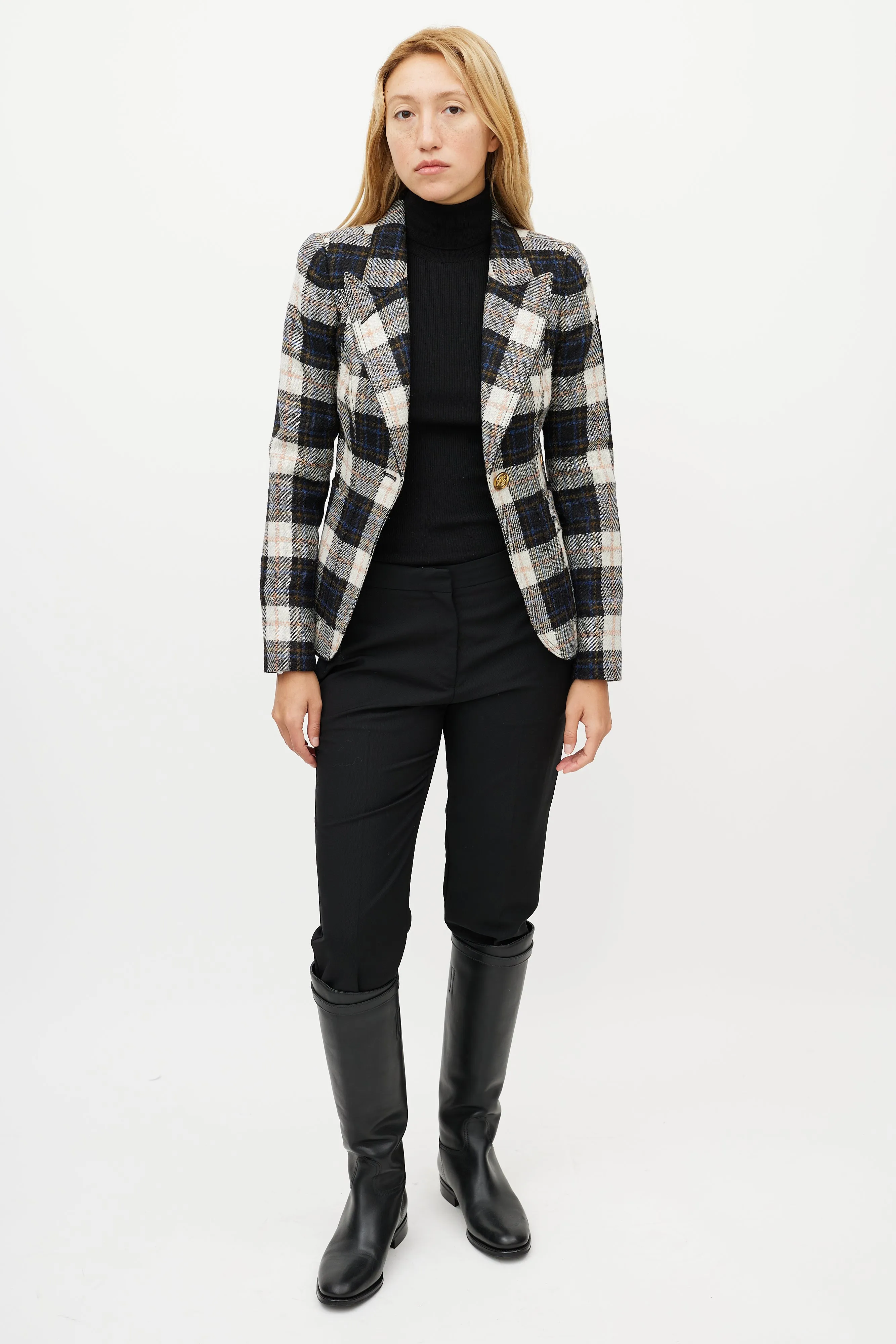 Cream & Multicolour Wool Plaid Blazer