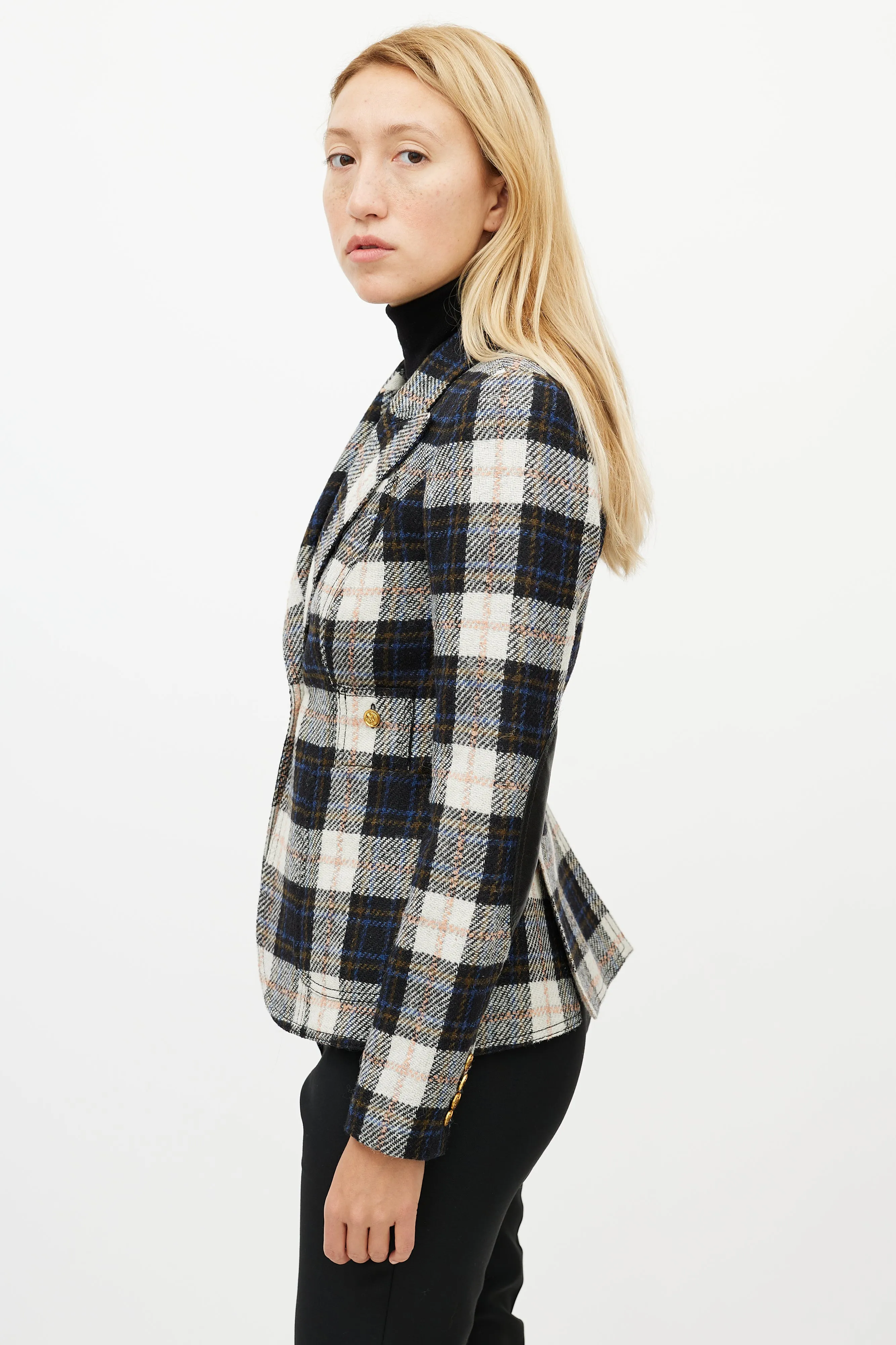 Cream & Multicolour Wool Plaid Blazer