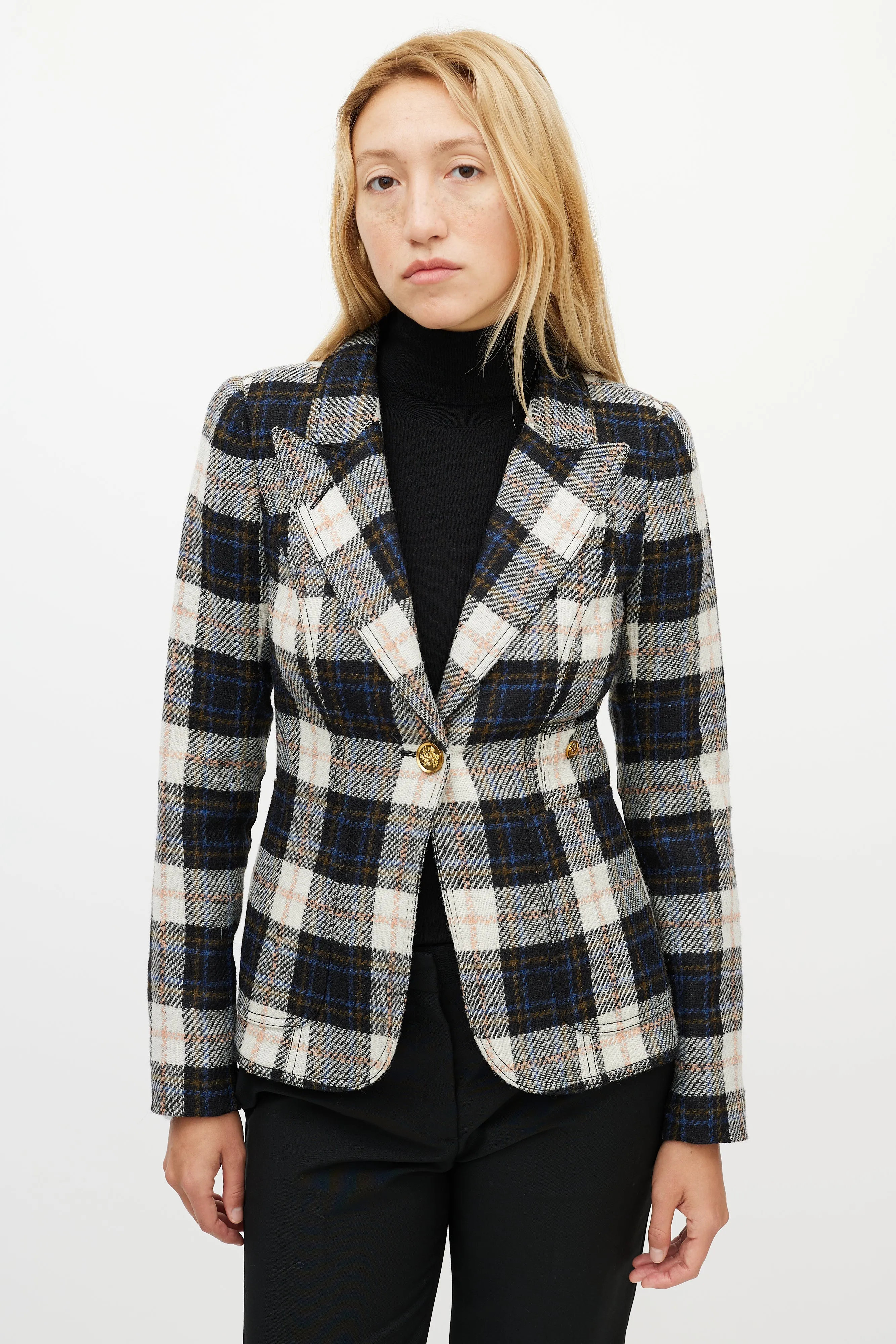 Cream & Multicolour Wool Plaid Blazer