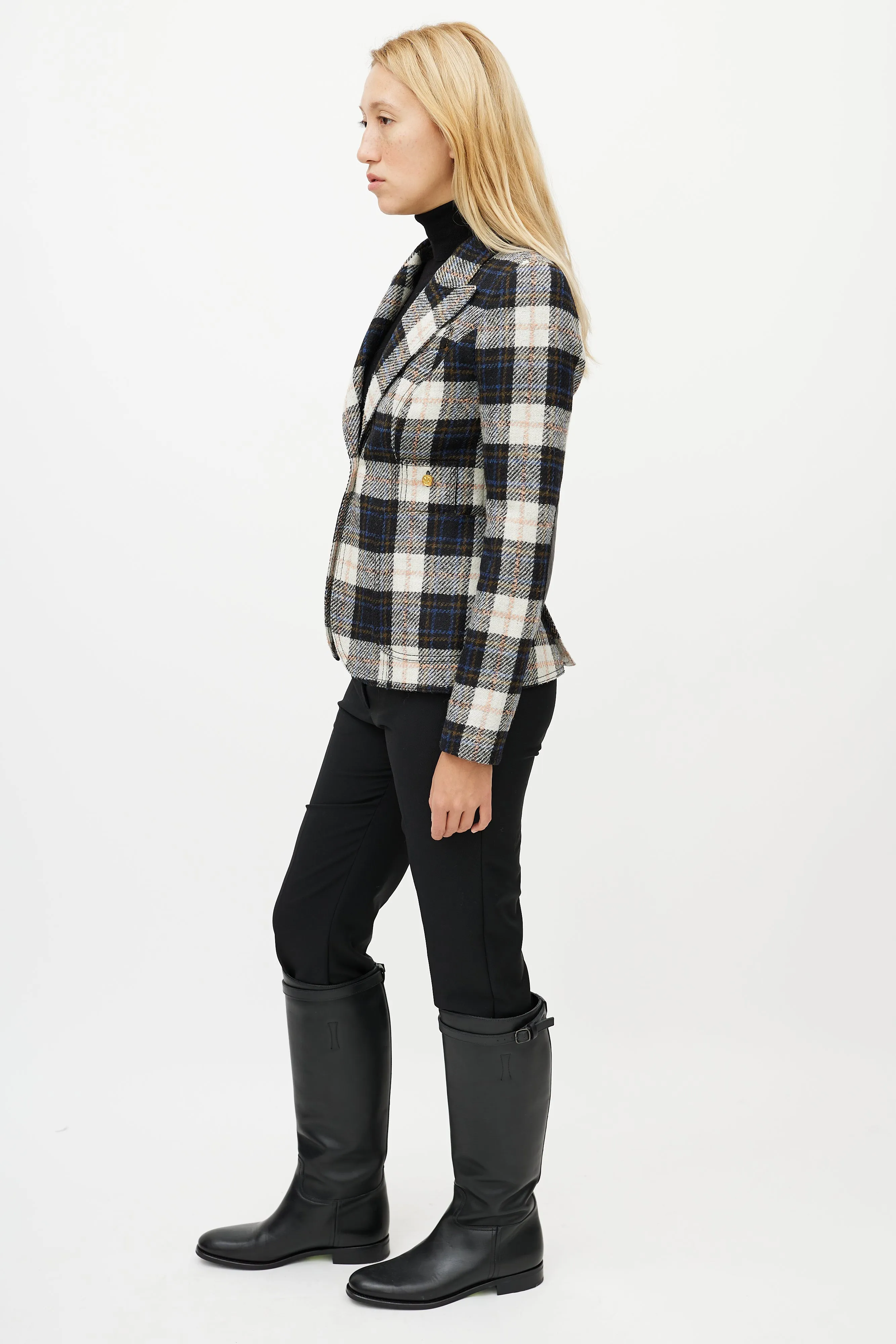 Cream & Multicolour Wool Plaid Blazer