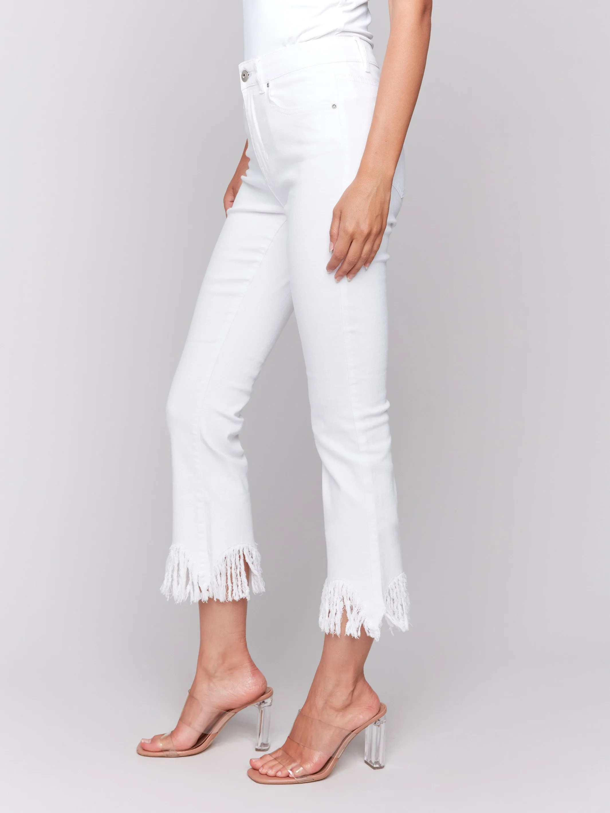 Cropped Jeans With Fringed Hem - White