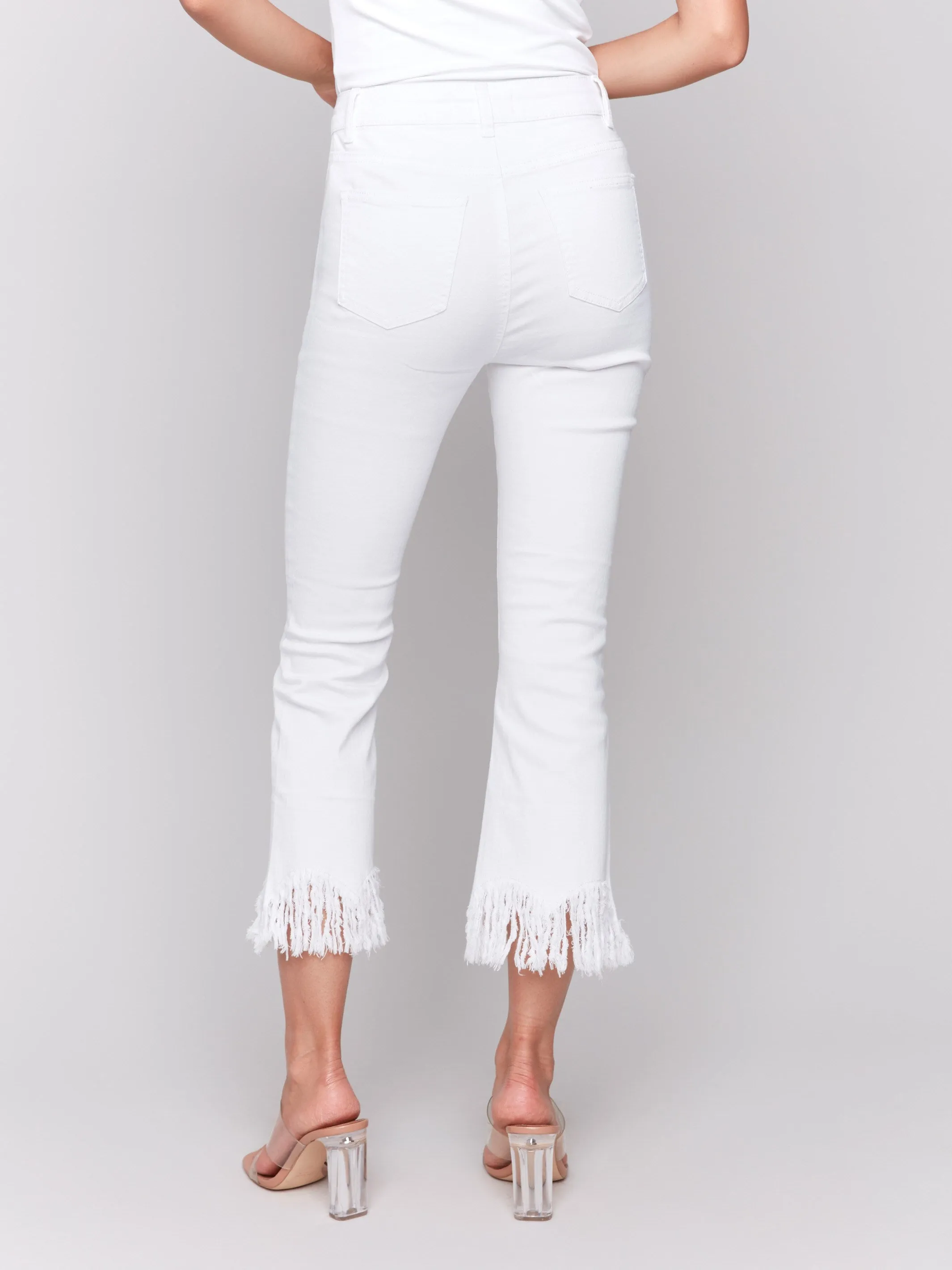 Cropped Jeans With Fringed Hem - White