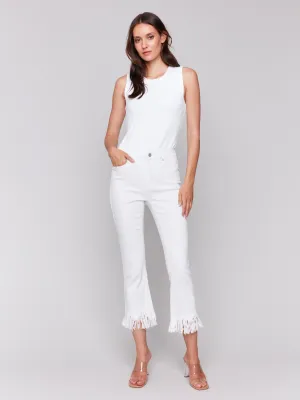 Cropped Jeans With Fringed Hem - White