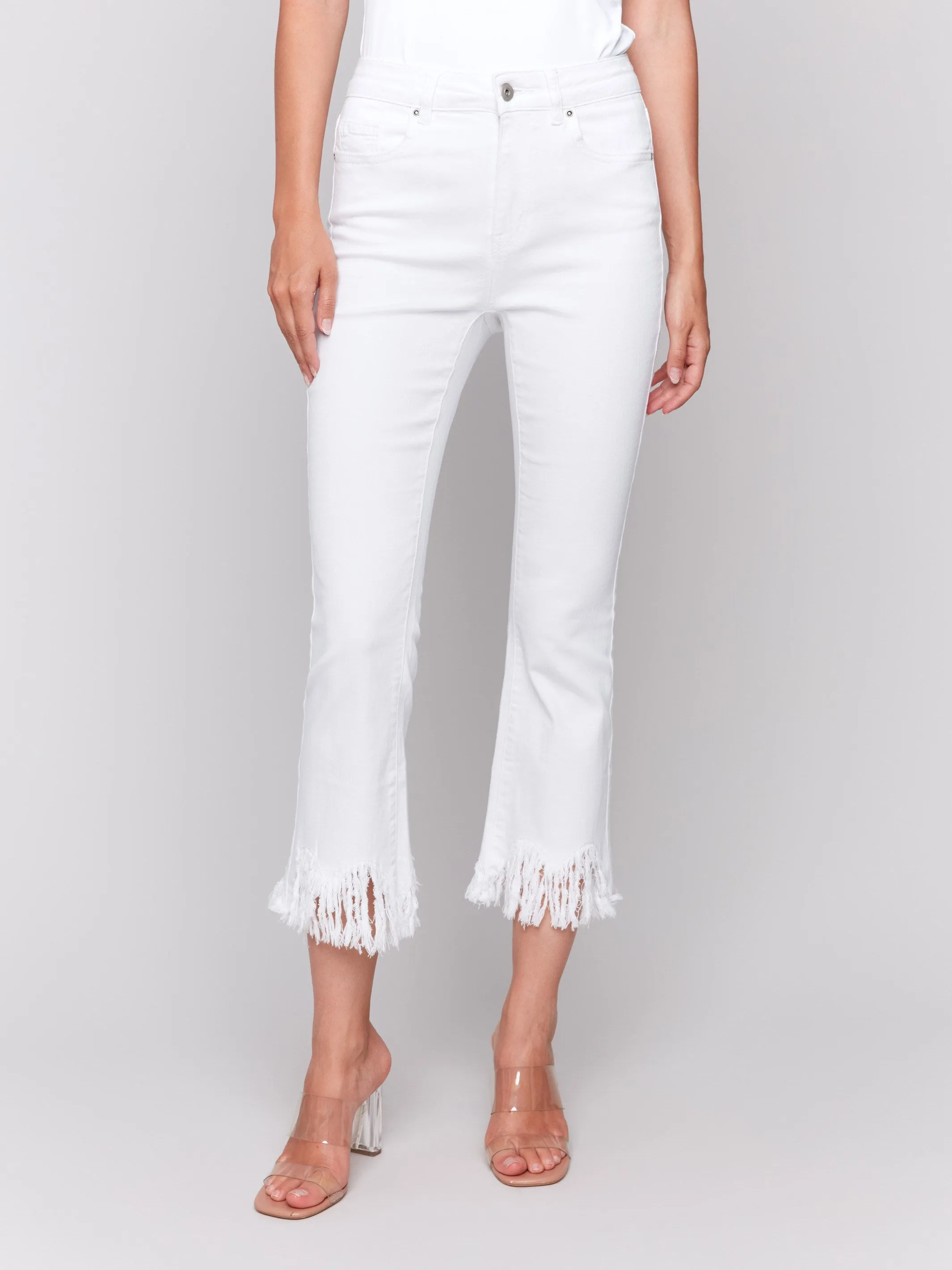 Cropped Jeans With Fringed Hem - White