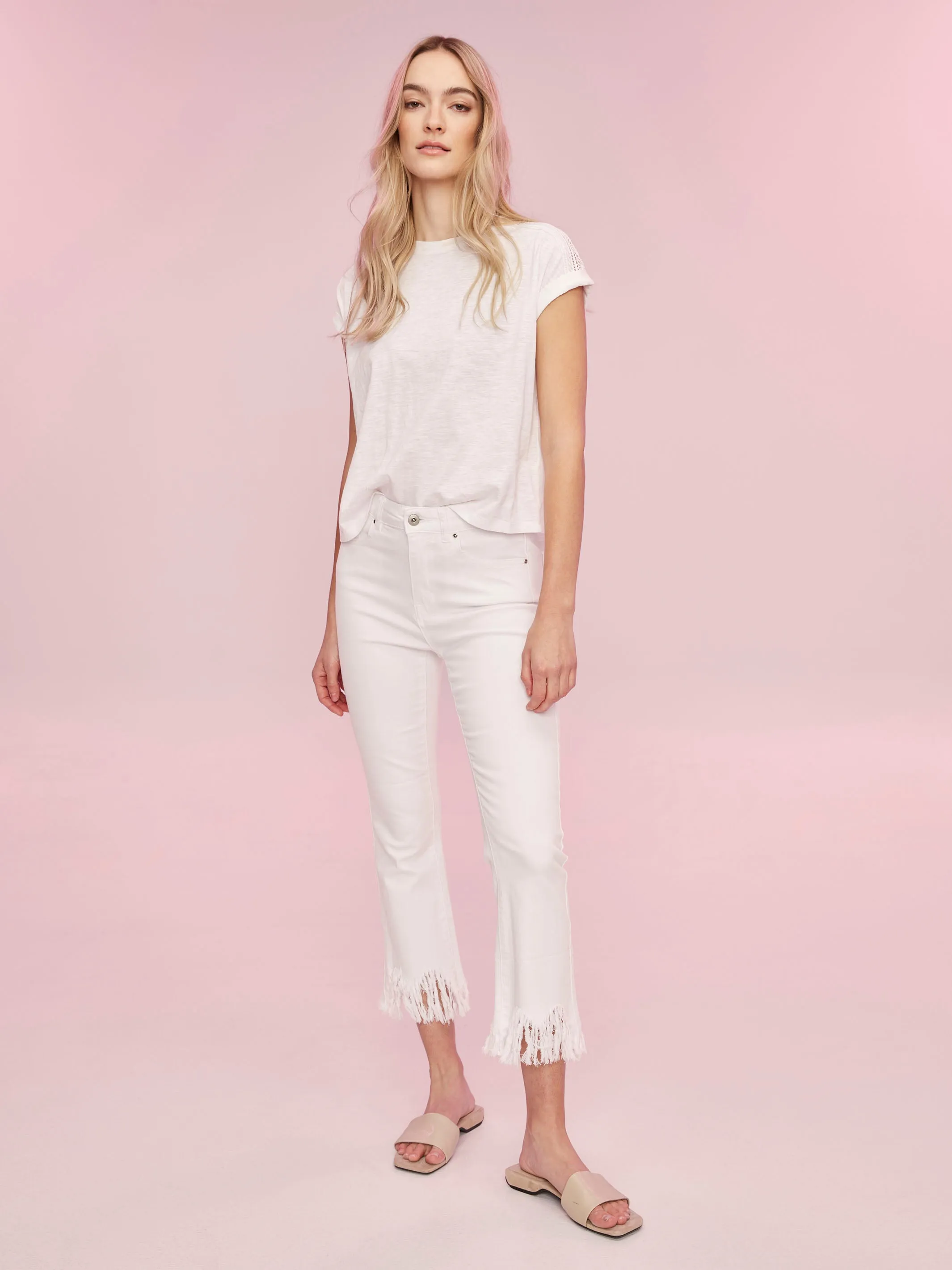 Cropped Jeans With Fringed Hem - White
