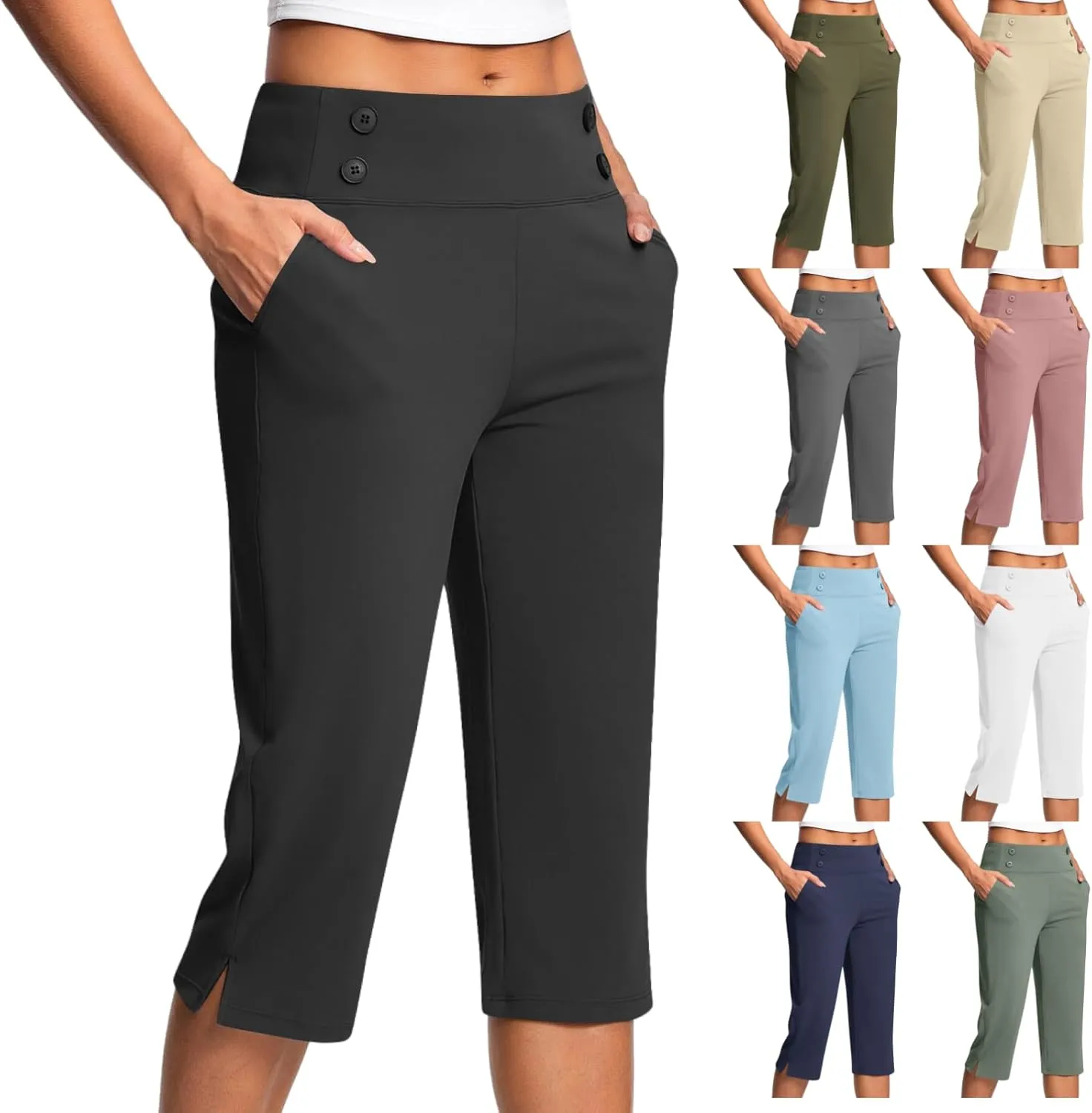 Cropped Leggings for Women Tummy Control Stretch Capri Pants Casual Athletic Pants Summer Yoga Pant with Pockets