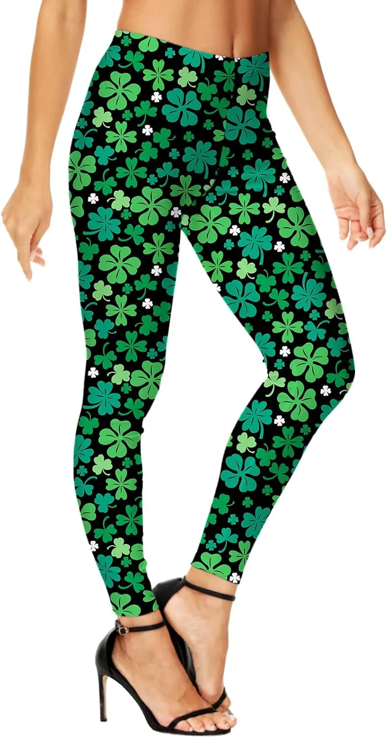 Deerose Women Mardi Gras Leggings Irish Shamrock High Waist Legging