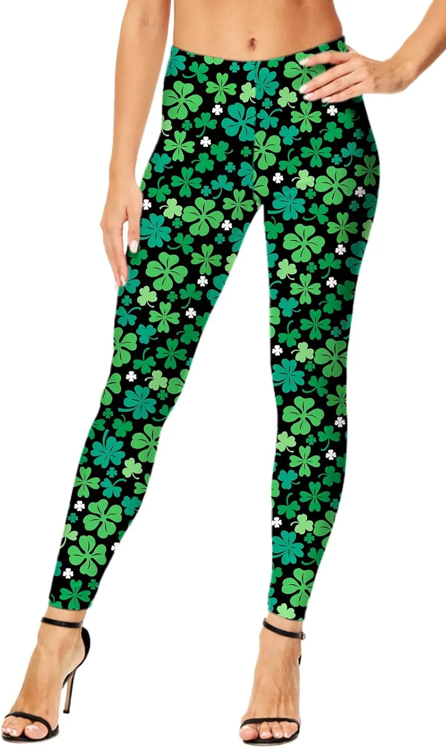 Deerose Women Mardi Gras Leggings Irish Shamrock High Waist Legging