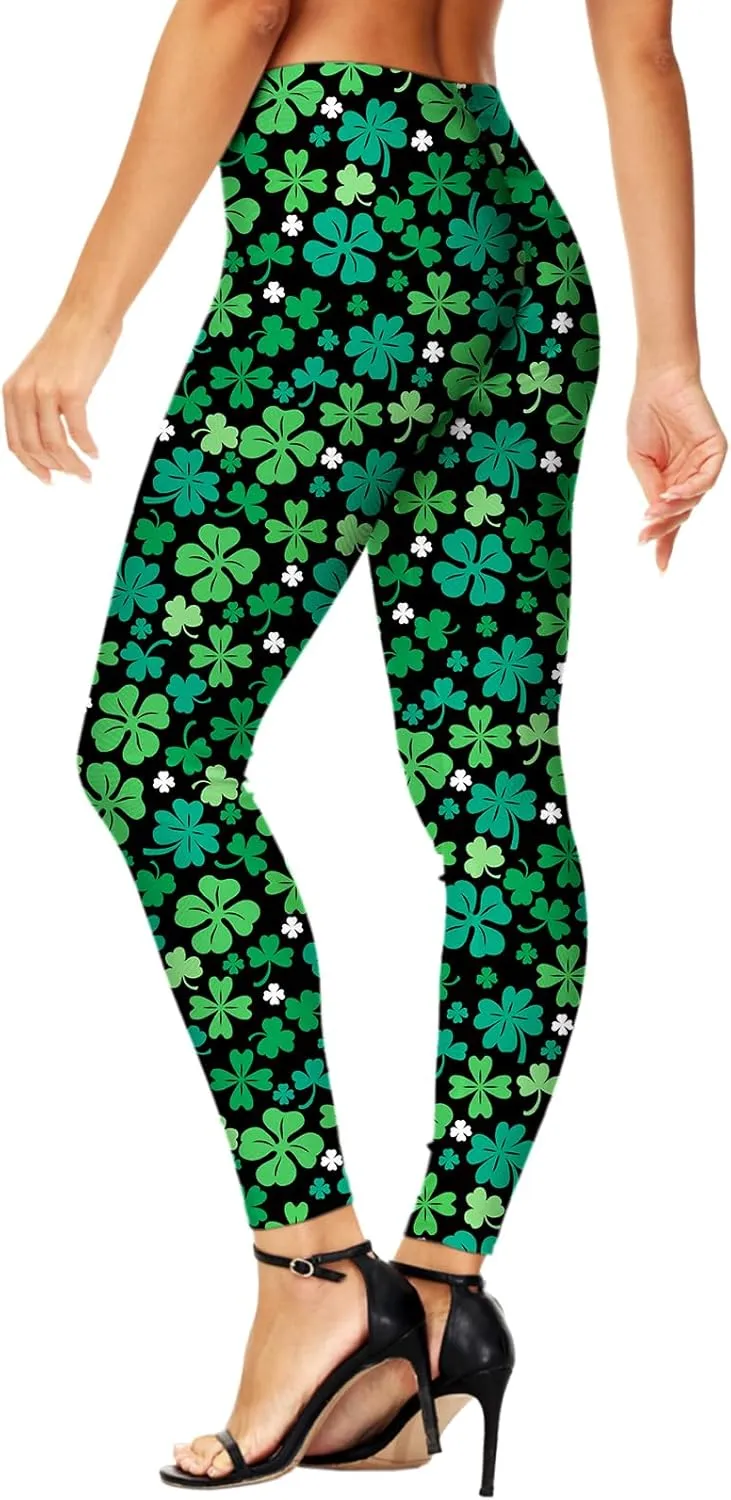 Deerose Women Mardi Gras Leggings Irish Shamrock High Waist Legging