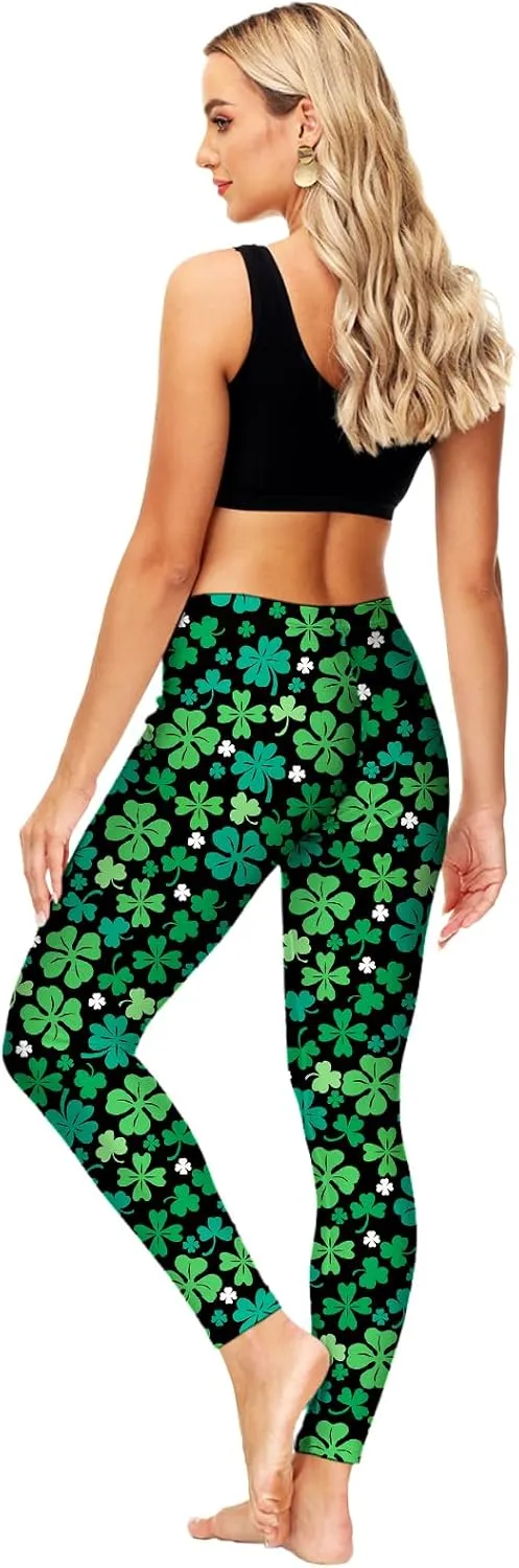 Deerose Women Mardi Gras Leggings Irish Shamrock High Waist Legging