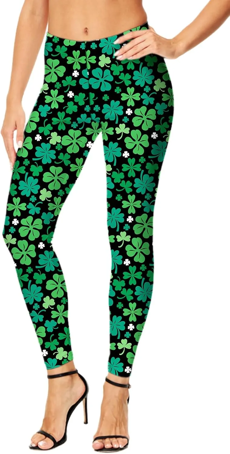 Deerose Women Mardi Gras Leggings Irish Shamrock High Waist Legging