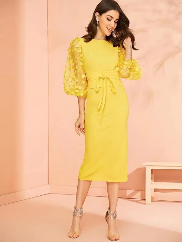 Dunnmall Applique Embroidered Mesh Sleeve Obi Belted Pencil Dress
