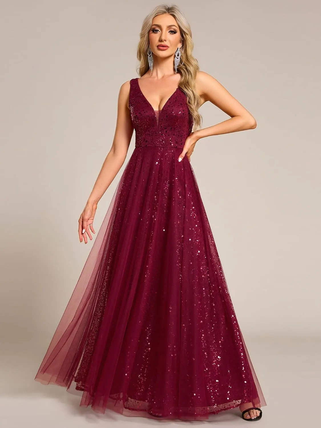 Ever-Pretty Women's V Neck Sleeveless Formal Dresses A Line Sequin Maxi Evening Dresses 02163