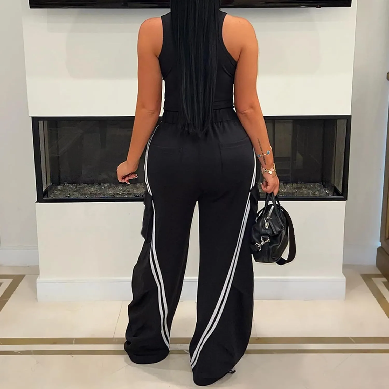 Famnbro Womens Cargo Sweatpants Striped Baggy Patchwork Denim High Waisted Straight Wide Leg Track Pants