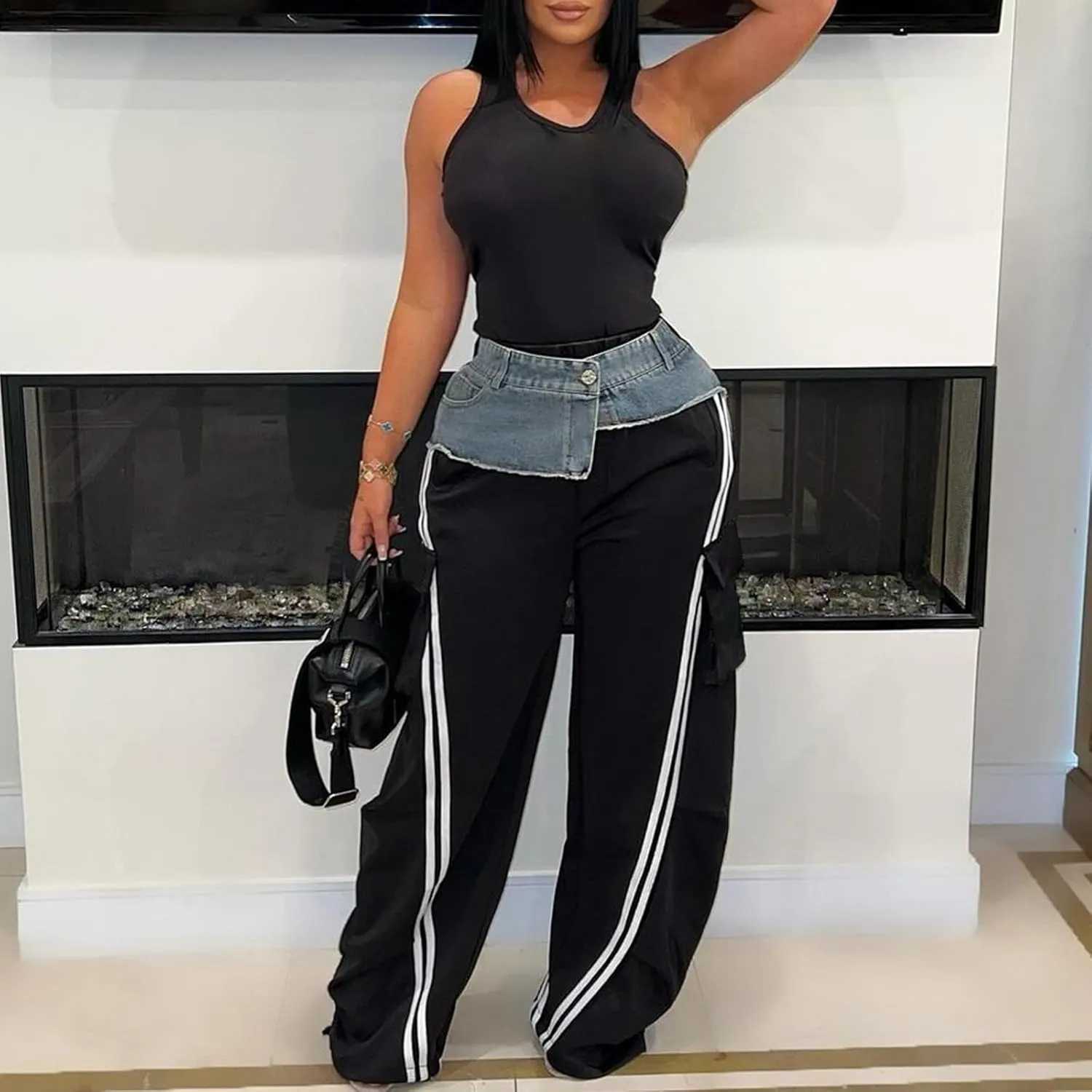 Famnbro Womens Cargo Sweatpants Striped Baggy Patchwork Denim High Waisted Straight Wide Leg Track Pants