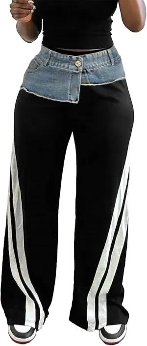 Famnbro Womens Cargo Sweatpants Striped Baggy Patchwork Denim High Waisted Straight Wide Leg Track Pants