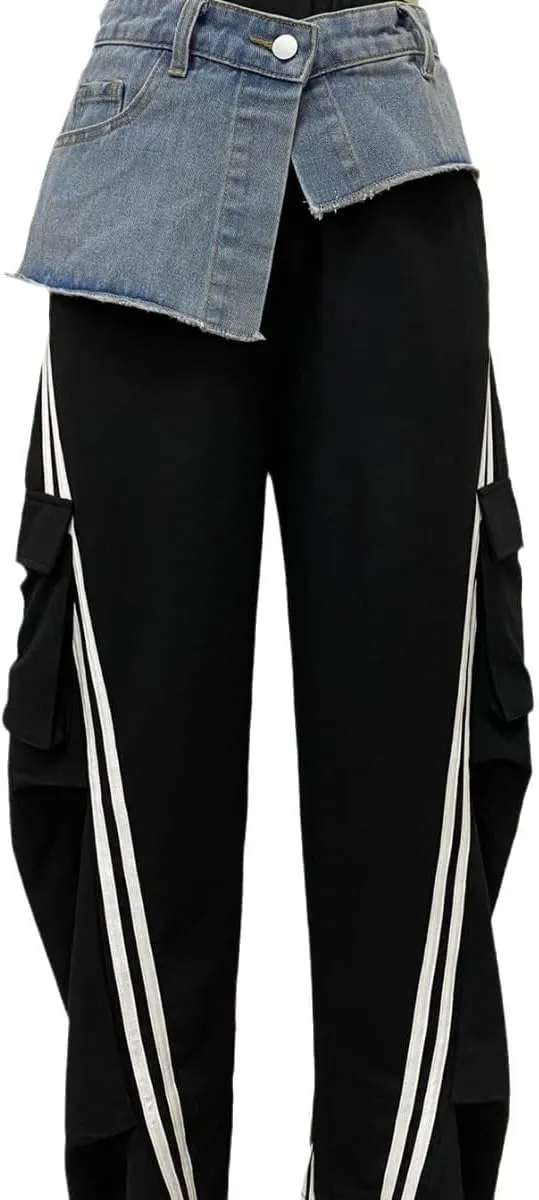 Famnbro Womens Cargo Sweatpants Striped Baggy Patchwork Denim High Waisted Straight Wide Leg Track Pants