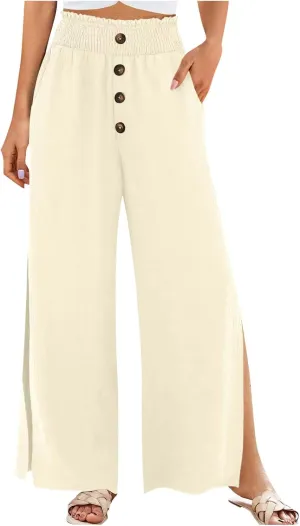 Firzero Wide Leg Pants for Women Casual Summer Elastic High Waist Palazzo Pants Flowy Botton Side Slit Trousers