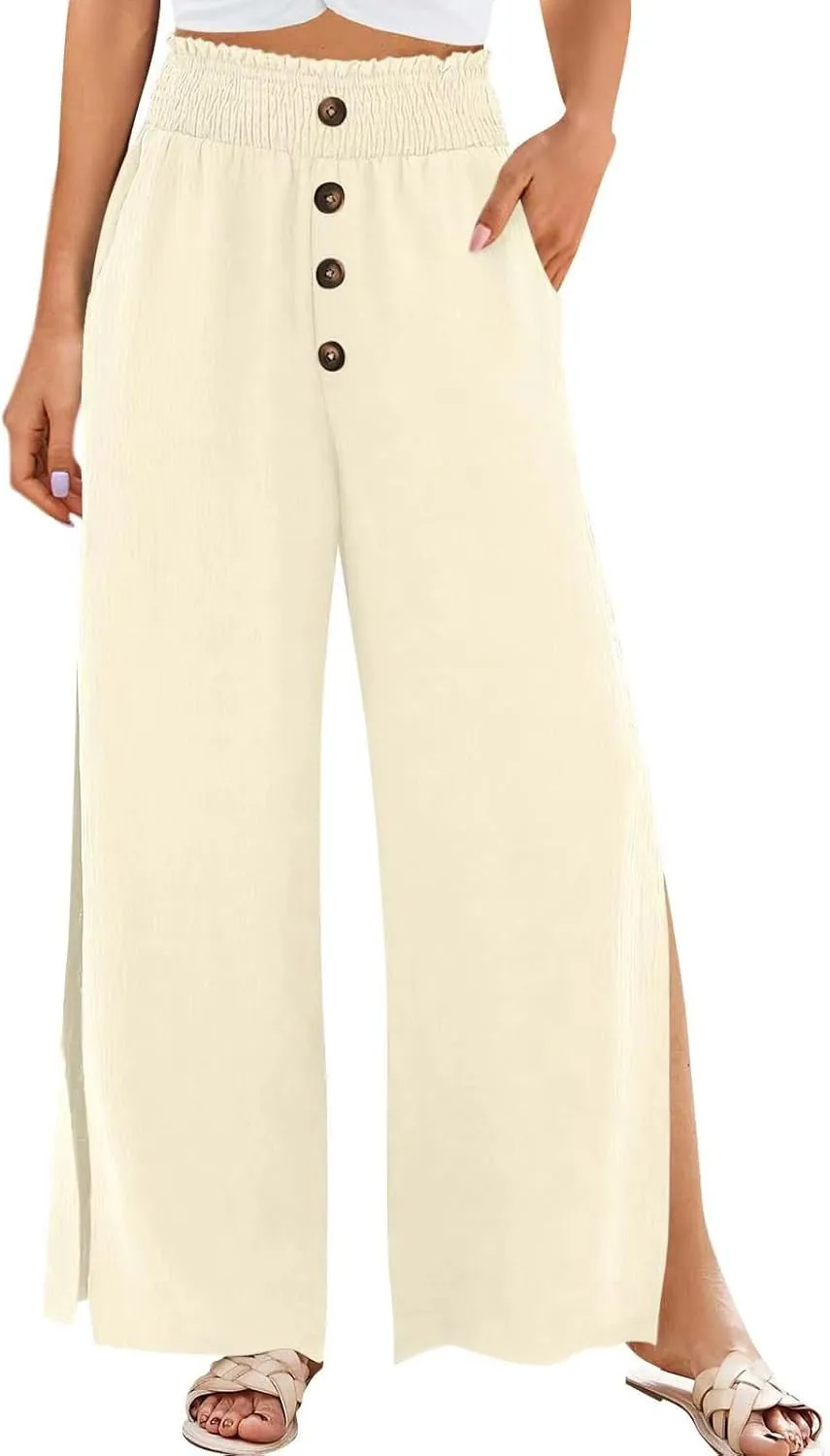 Firzero Wide Leg Pants for Women Casual Summer Elastic High Waist Palazzo Pants Flowy Botton Side Slit Trousers