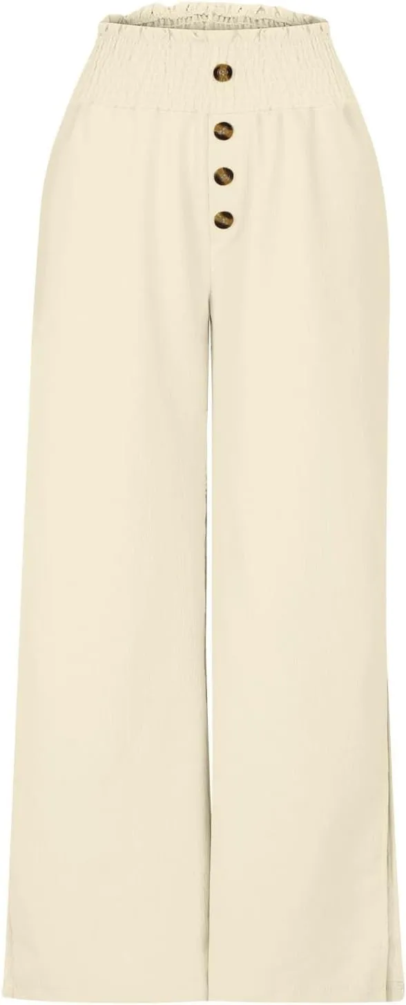 Firzero Wide Leg Pants for Women Casual Summer Elastic High Waist Palazzo Pants Flowy Botton Side Slit Trousers