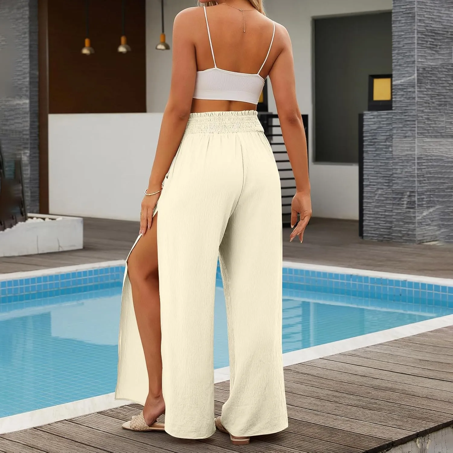 Firzero Wide Leg Pants for Women Casual Summer Elastic High Waist Palazzo Pants Flowy Botton Side Slit Trousers