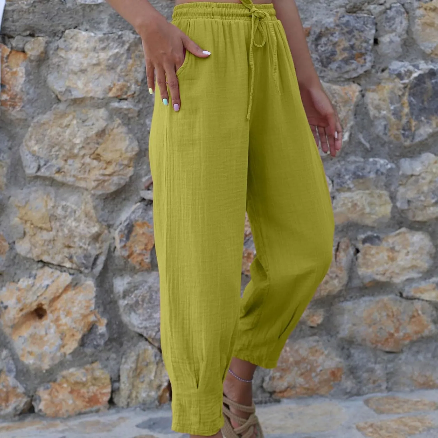 Firzero Womens Casual Pants for Summer Straight Leg Pants Elastic High Waist Flowy Trousers Comfy Loose Fit Beach Slacks