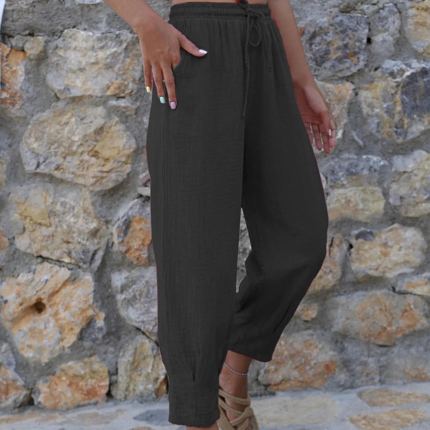Firzero Womens Casual Pants for Summer Straight Leg Pants Elastic High Waist Flowy Trousers Comfy Loose Fit Beach Slacks
