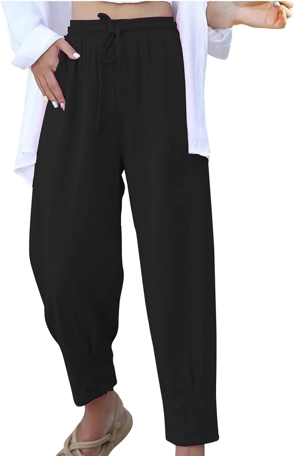Firzero Womens Casual Pants for Summer Straight Leg Pants Elastic High Waist Flowy Trousers Comfy Loose Fit Beach Slacks