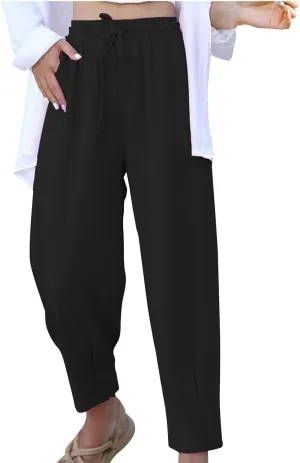 Firzero Womens Casual Pants for Summer Straight Leg Pants Elastic High Waist Flowy Trousers Comfy Loose Fit Beach Slacks