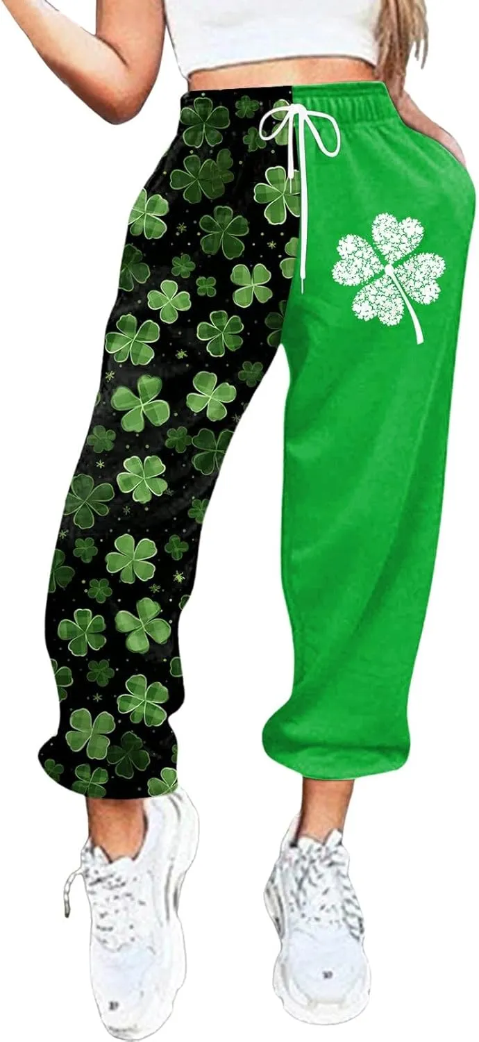 FZVYD St. Patrick's Day Sweatpants for Women Baggy Casual Lounge Trousers Sport Athletic Drawstring Clover Green Lounge Pants