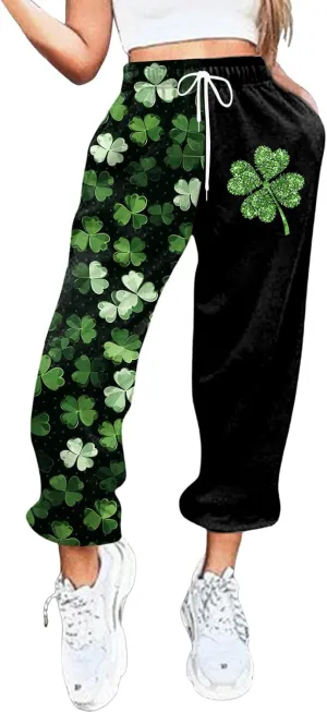 FZVYD St. Patrick's Day Sweatpants for Women Baggy Casual Lounge Trousers Sport Athletic Drawstring Clover Green Lounge Pants