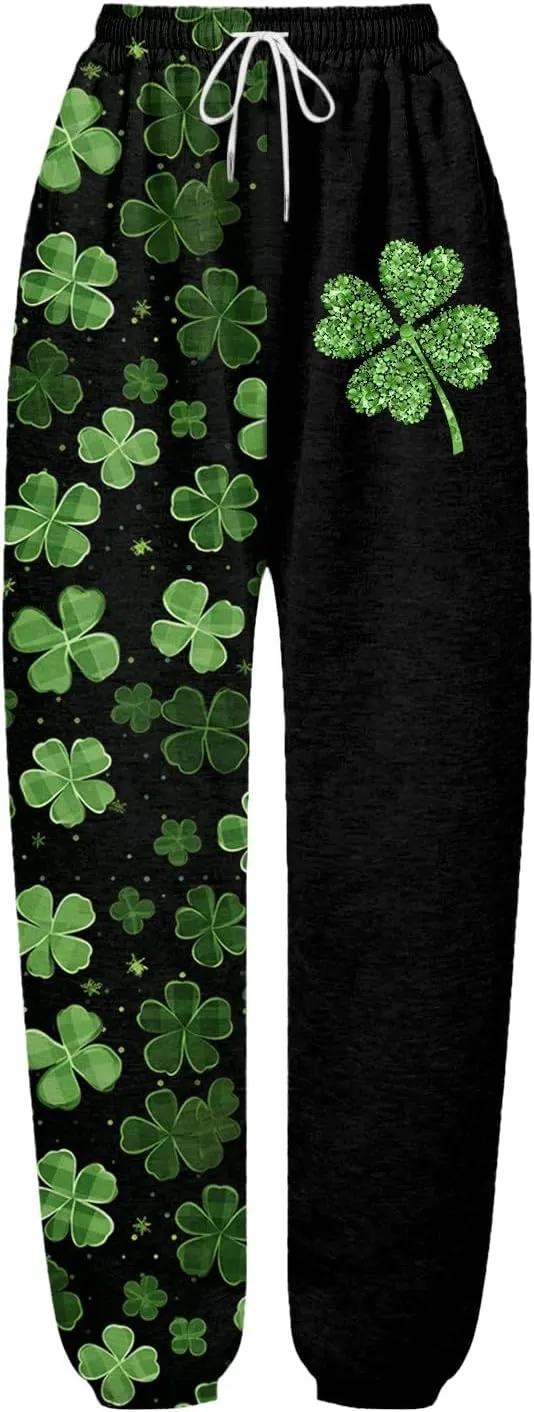 FZVYD St. Patrick's Day Sweatpants for Women Baggy Casual Lounge Trousers Sport Athletic Drawstring Clover Green Lounge Pants