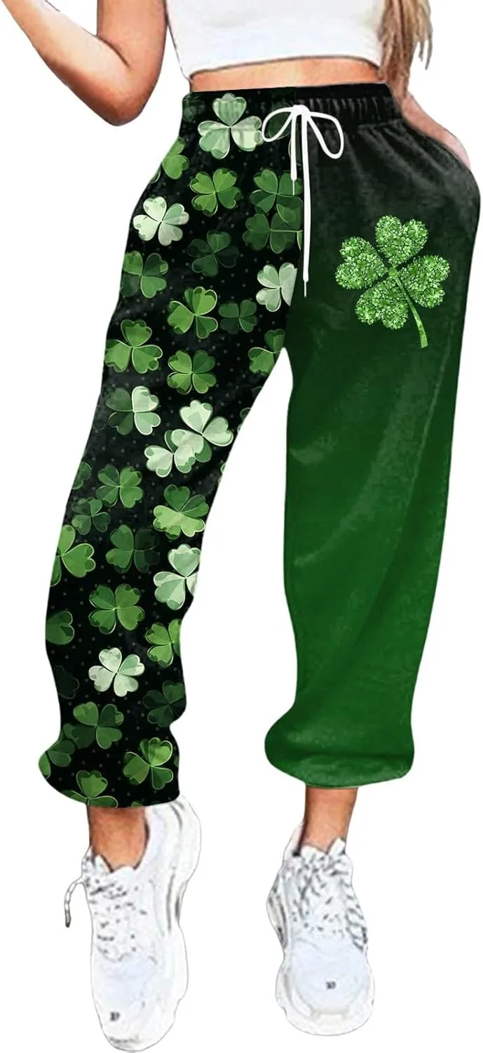 FZVYD St. Patrick's Day Sweatpants for Women Baggy Casual Lounge Trousers Sport Athletic Drawstring Clover Green Lounge Pants
