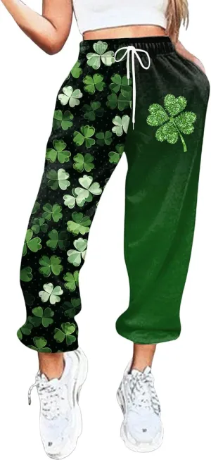 FZVYD St. Patrick's Day Sweatpants for Women Baggy Casual Lounge Trousers Sport Athletic Drawstring Clover Green Lounge Pants