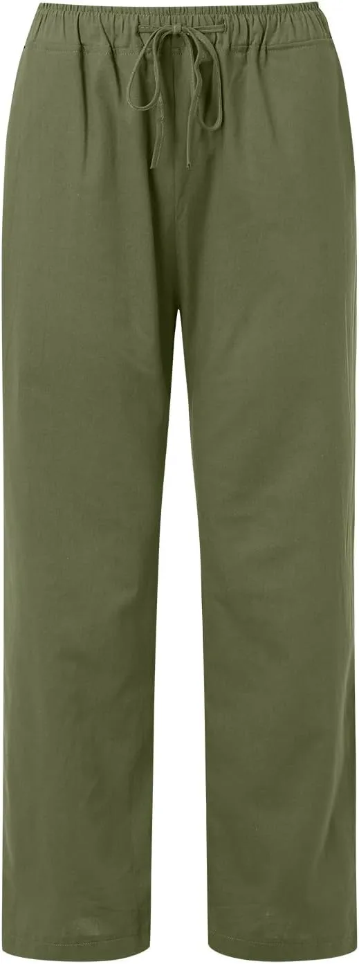 FZVYD Women's Cotton Linen Pants 2024 Summer Wide Leg Casual Loose Drawstring Low Waist Palazzo Pants Trousers with Pockets