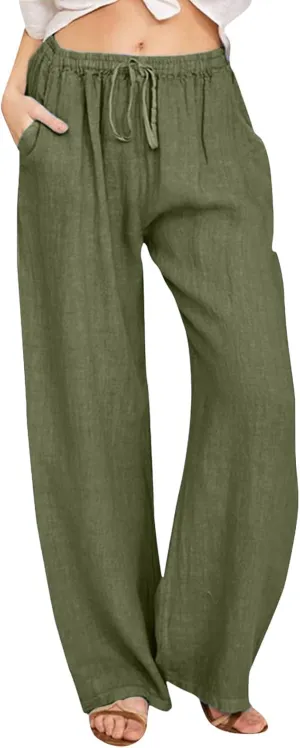 FZVYD Women's Cotton Linen Pants 2024 Summer Wide Leg Casual Loose Drawstring Low Waist Palazzo Pants Trousers with Pockets