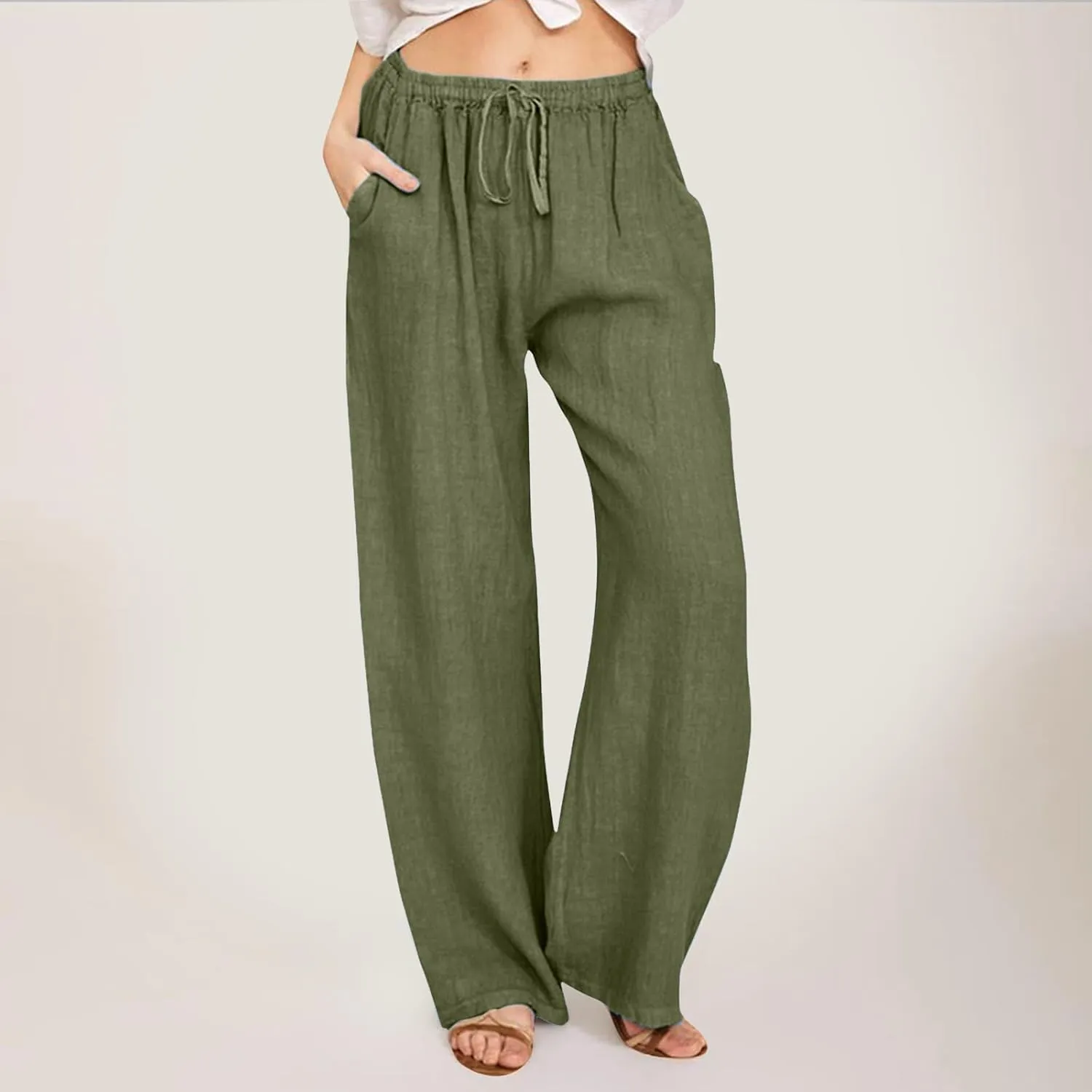 FZVYD Women's Cotton Linen Pants 2024 Summer Wide Leg Casual Loose Drawstring Low Waist Palazzo Pants Trousers with Pockets