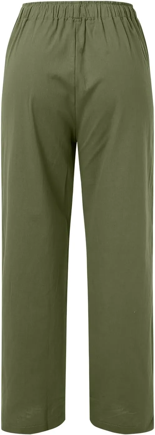 FZVYD Women's Cotton Linen Pants 2024 Summer Wide Leg Casual Loose Drawstring Low Waist Palazzo Pants Trousers with Pockets