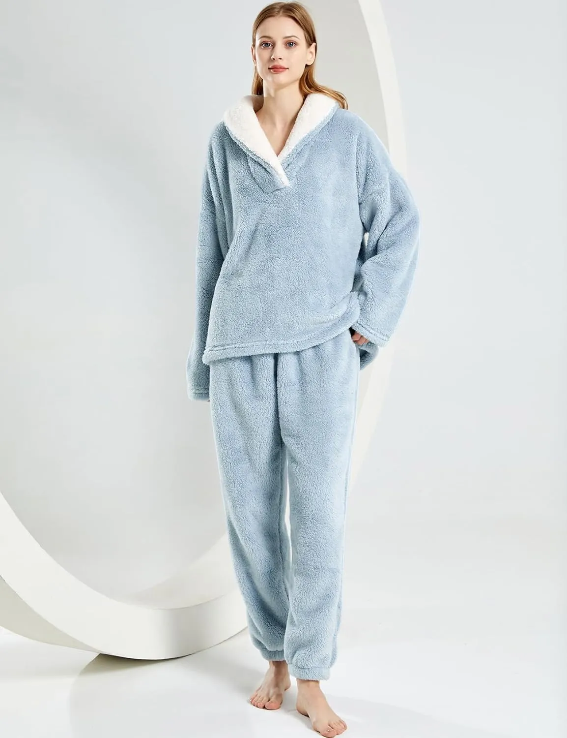 Gihuo Women' s Fluffy Pajamas Set Fleece Pullover Pants Loose Plush Sleepwear 2 Piece Pjs Set Warm Loungewear Fuzzy