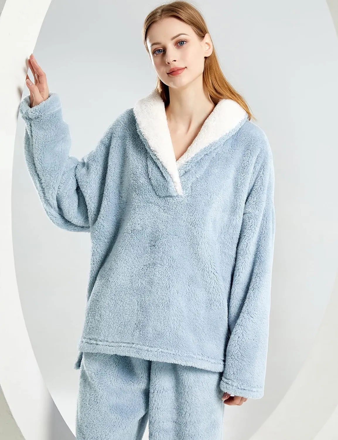 Gihuo Women' s Fluffy Pajamas Set Fleece Pullover Pants Loose Plush Sleepwear 2 Piece Pjs Set Warm Loungewear Fuzzy