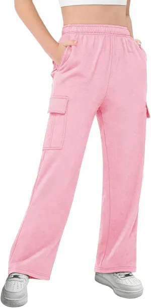 Girls Kids Cargo Sweatpants Wide Straight Leg Jogger Pants 5-14 Years