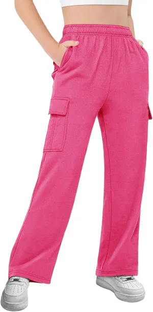 Girls Kids Cargo Sweatpants Wide Straight Leg Jogger Pants 5-14 Years