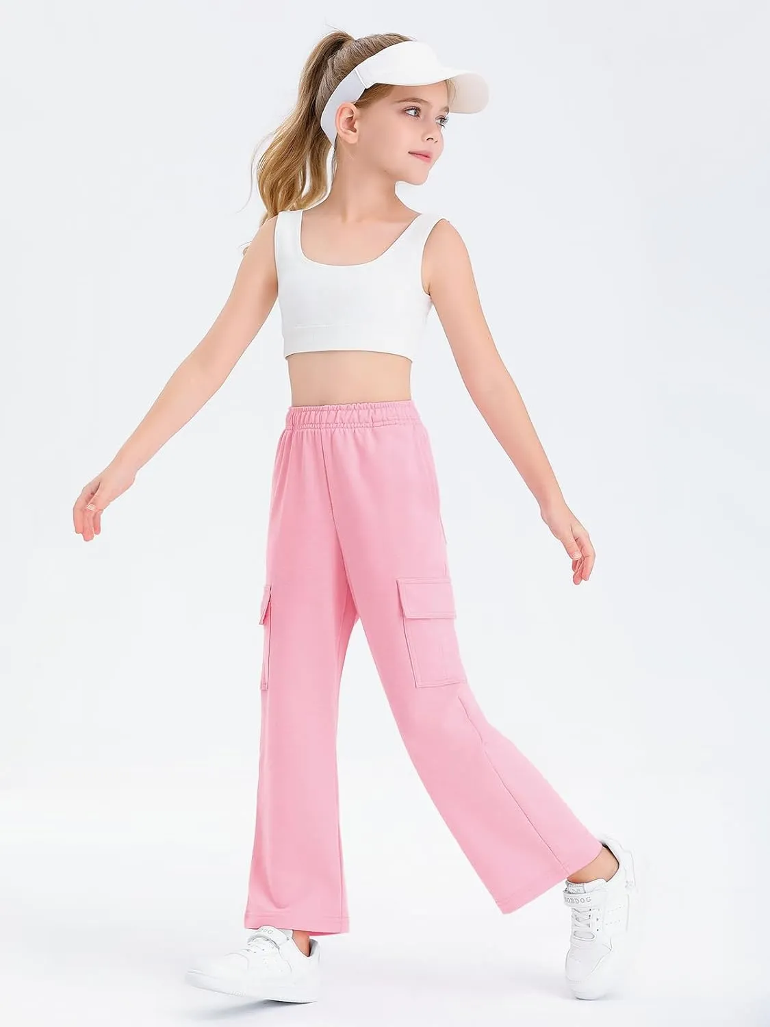Girls Kids Cargo Sweatpants Wide Straight Leg Jogger Pants 5-14 Years