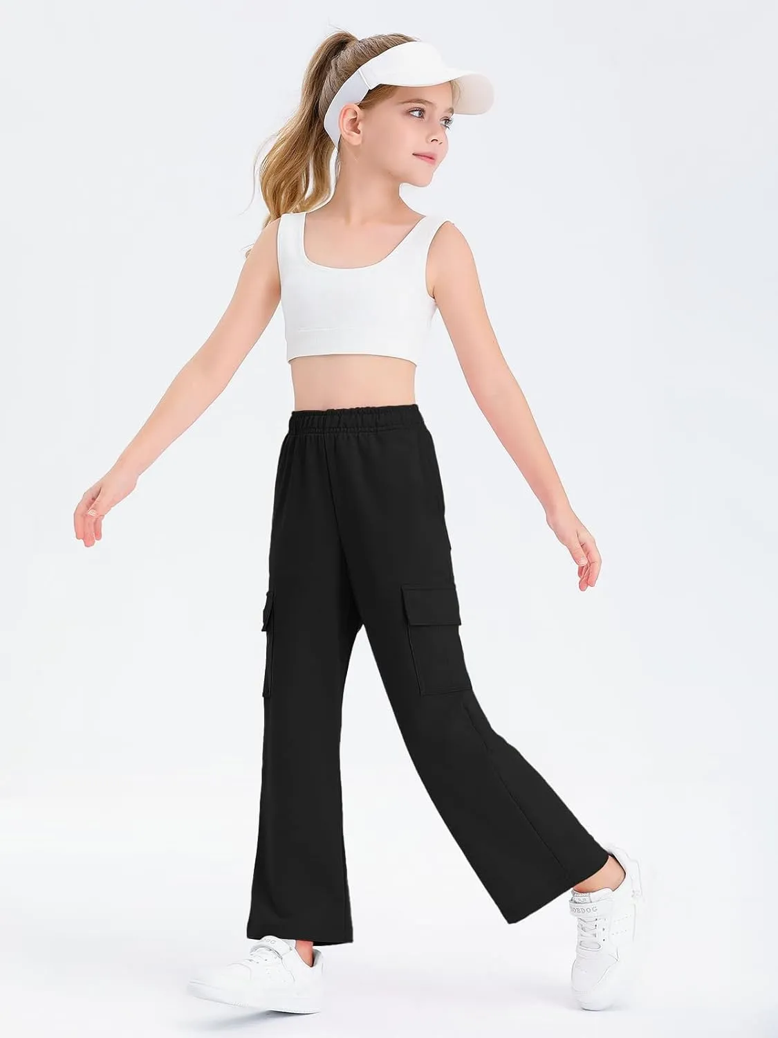 Girls Kids Cargo Sweatpants Wide Straight Leg Jogger Pants 5-14 Years