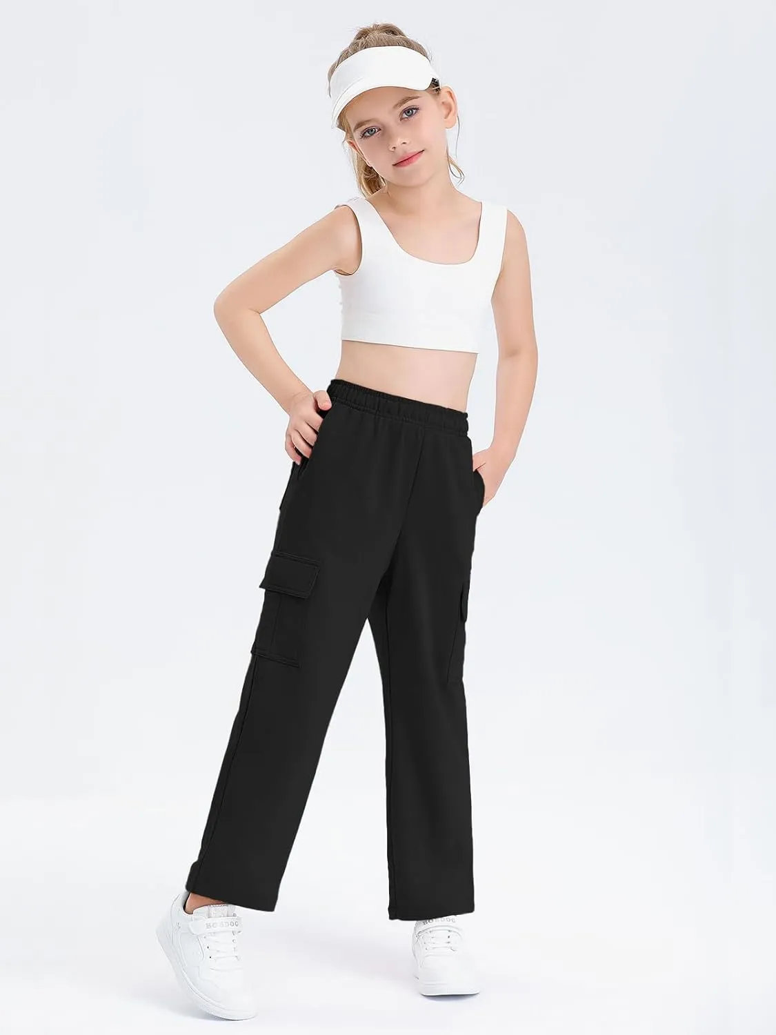Girls Kids Cargo Sweatpants Wide Straight Leg Jogger Pants 5-14 Years
