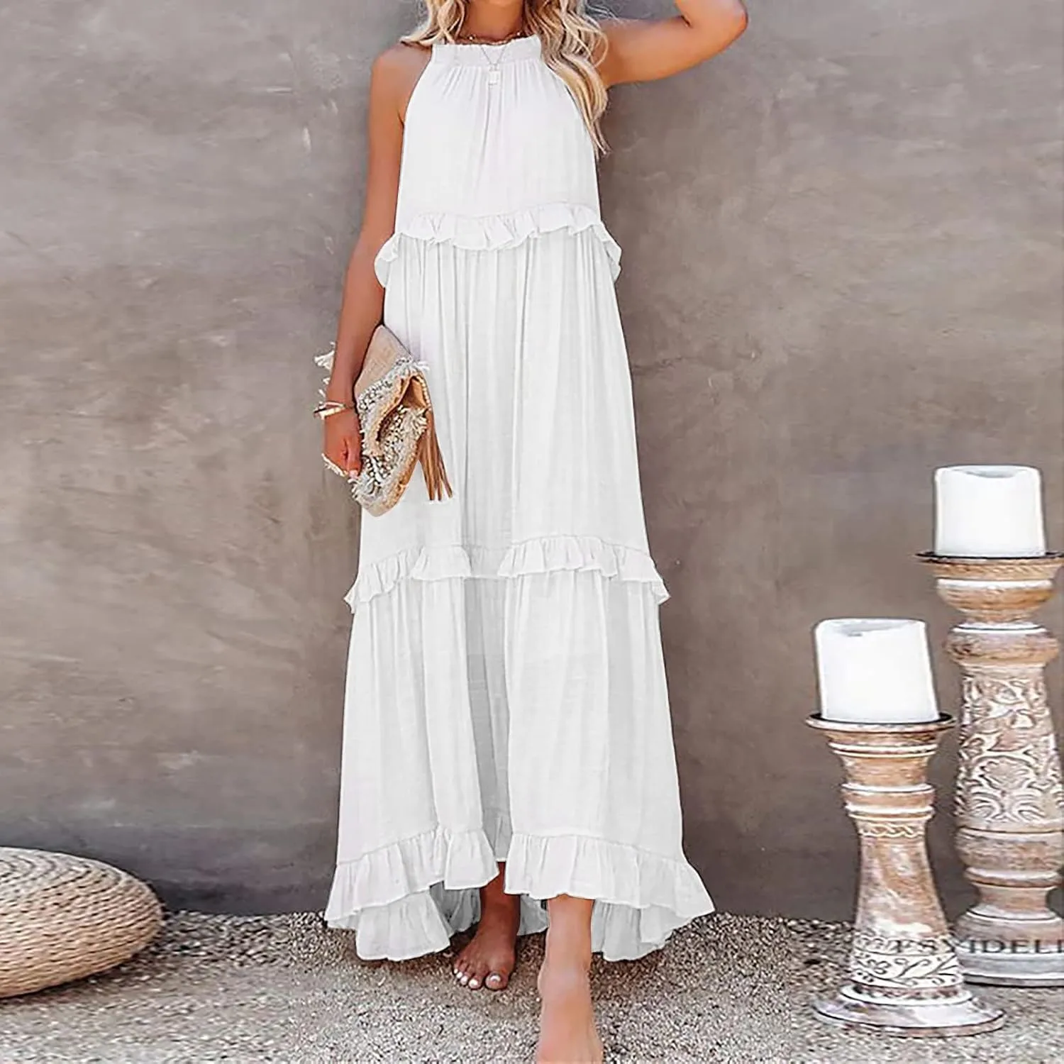 GOKKILRW Maxi Dresses for Women 2025 Summer Halter Long Dress Loose Flowy Boho Swing Smocked Ruffle Beach Dress Resort Wear