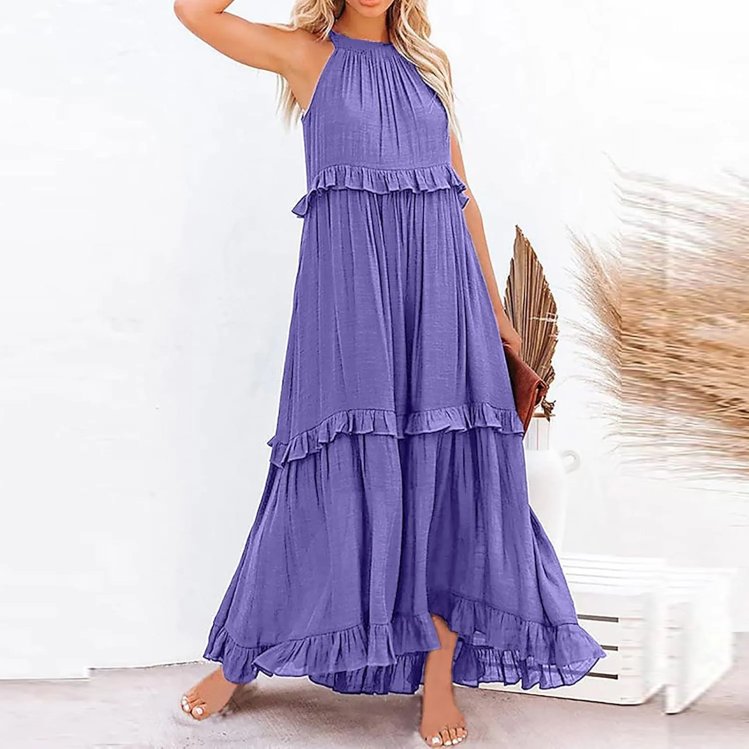 GOKKILRW Maxi Dresses for Women 2025 Summer Halter Long Dress Loose Flowy Boho Swing Smocked Ruffle Beach Dress Resort Wear