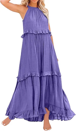 GOKKILRW Maxi Dresses for Women 2025 Summer Halter Long Dress Loose Flowy Boho Swing Smocked Ruffle Beach Dress Resort Wear